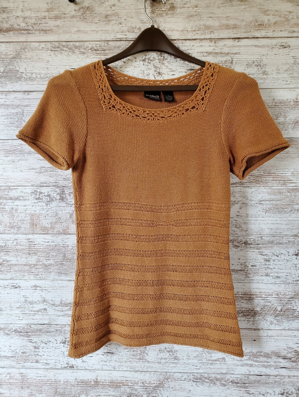 Guide Series Toffee Brown Knit Short Sleeve Top Crochet Neck
